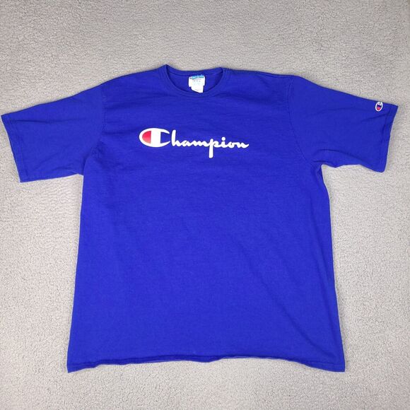 Vintage Champion Shirt Men's 2XL Blue Spell Out Felt Script Sports 90s - Picture 1 of 12